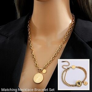 Queen Elizabeth Coin Gold Plated Chain Link Necklace Matching Bracelet Set